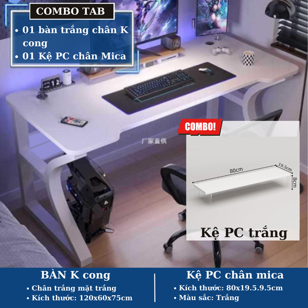 Combo bàn chân K gaming (chân cong, màu trắng) + kệ mà hình màu trắng dài (80cm) - CBTAB9