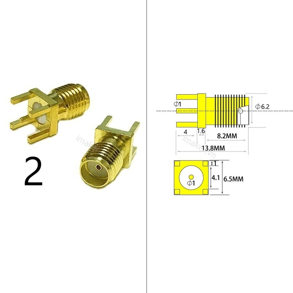 Đầu RF SMA Cái dài 13.8mm chân thẳng hàn PCB SMA-KHD-13.5