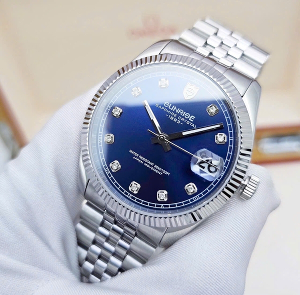 Cặp Quartz Sunrise Quartz 1255SA 2255SA Thép Trắng Blue