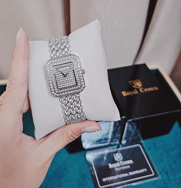 Đồng Hồ Nữ Royal Crown Quartz 3619M Thép Trắng Mặt Full Đá