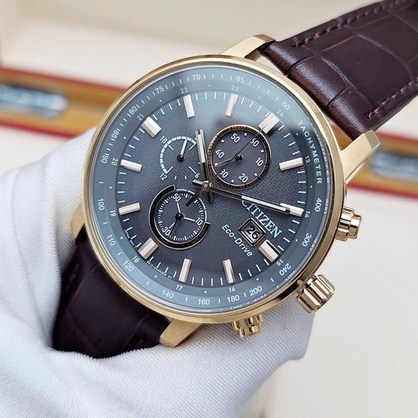  Citizen Pin Eco-Drive CA0843-11H Dây Da Nâu Vỏ Vàng Hồng Mặt Xám.