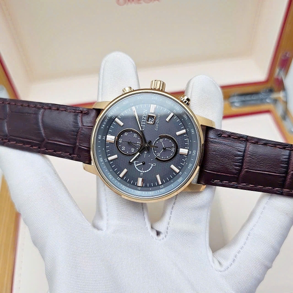 Citizen Pin Eco-Drive CA0843-11H Dây Da Nâu Vỏ Vàng Hồng Mặt Xám.
