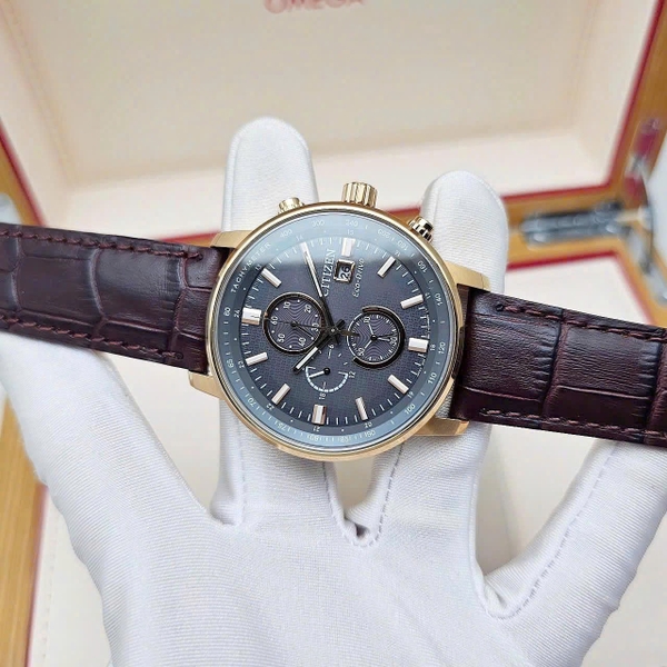  Citizen Pin Eco-Drive CA0843-11H Dây Da Nâu Vỏ Vàng Hồng Mặt Xám.