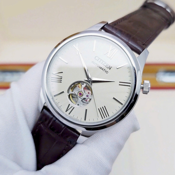 Citizen Automatic Open Heart NH9130-17A Dây Da Nâu Mặt Beige