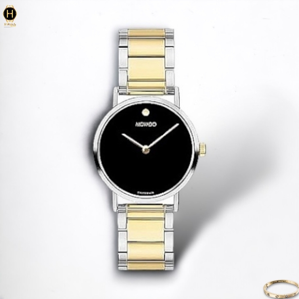 Đồng Hồ Nữ Movado Quartz Bracelet 0607236 Dây Thép Demi Vàng Mặt Đen