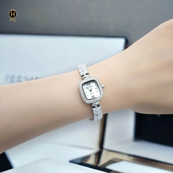 Đồng hồ Royal Crown 1514 Lắc Tay Vuông Dây Sắt Đính Đá