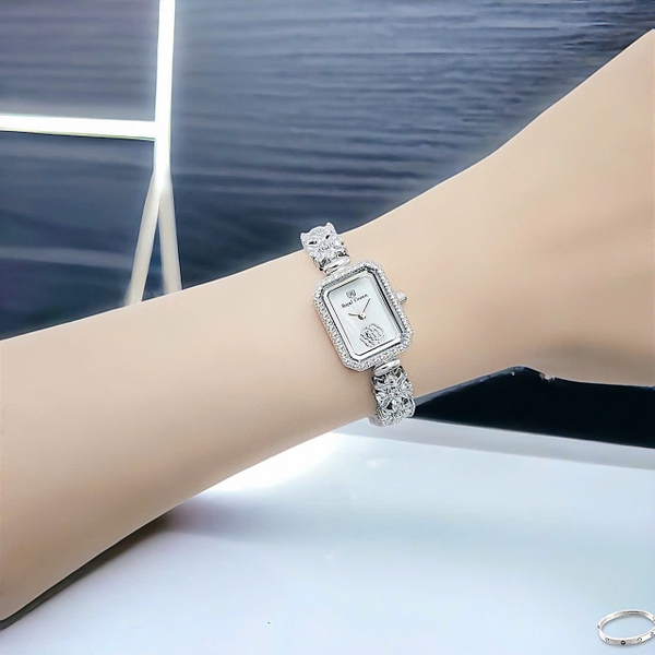 Đồng Hồ Nữ Royal Quartz 2032 Dây Thép Trắng Mặt Trắng Viền Đá