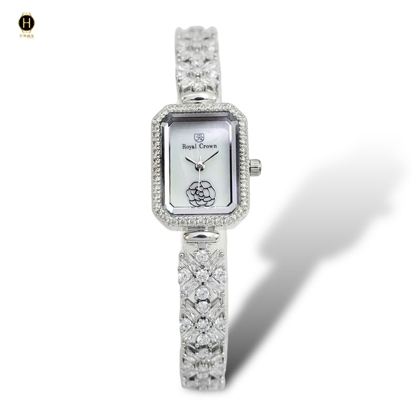 Đồng Hồ Nữ Royal Quartz 2032 Dây Thép Trắng Mặt Trắng Viền Đá