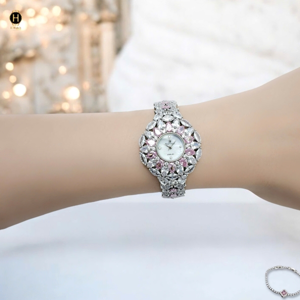 Đồng Hồ Nữ Royal Crown Quartz 2035 Thép Trắng Đá Hồng