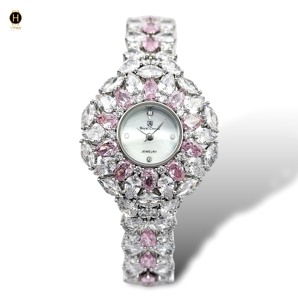 Đồng Hồ Nữ Royal Crown Quartz 2035 Thép Trắng Đá Hồng