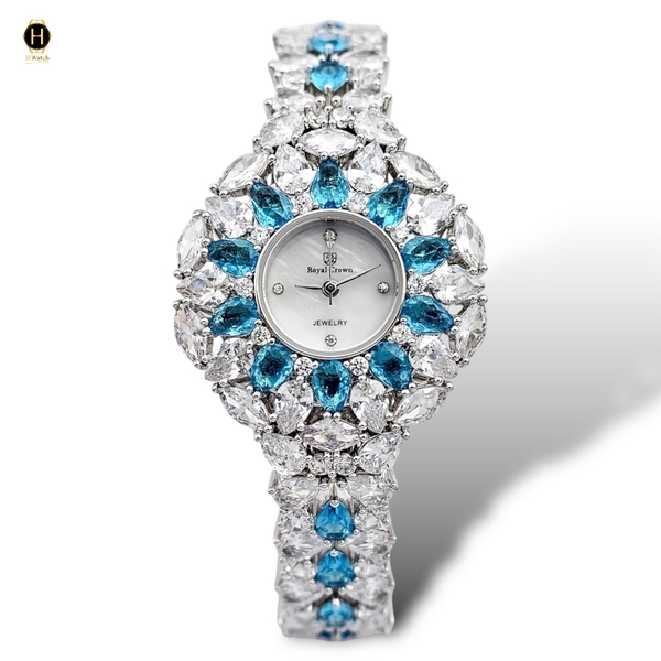 Đồng Hồ Nữ Royal Crown Quartz 2035 Thép Trắng Đá Xanh Nhạt