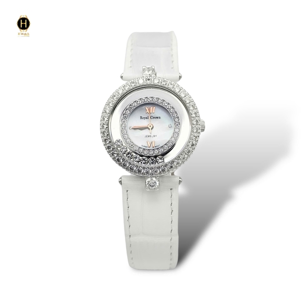 Đồng Hồ Nữ Royal Quarrtz 3628 Dây Da Mặt Trắng Viền Đá