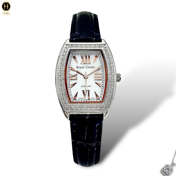 Đồng Hồ Nữ Royal Quartz 3635 Dây Da Đen Mặt Trắng Viền Đá