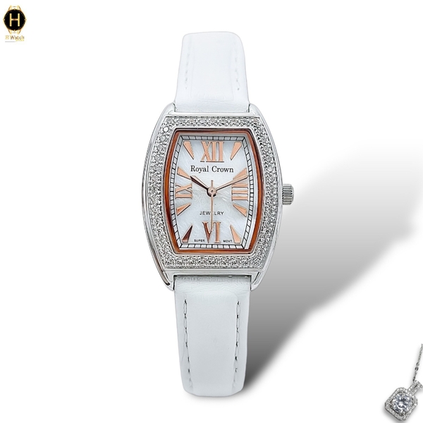 Đồng Hồ Nữ Royal Crown Quartz 3635 Dây Da Trắng Mặt Trắng Viền Đá