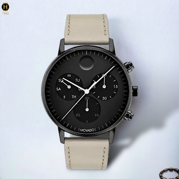 Đồng Hồ Nam Movado Quartz Chronograph 3640055 Face Dây Da Trắng Mặt Đen