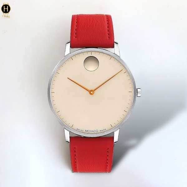 Đồng Hồ Nam Movado Quartz Face 3640097 Dây Da Đỏ Mặt Beige