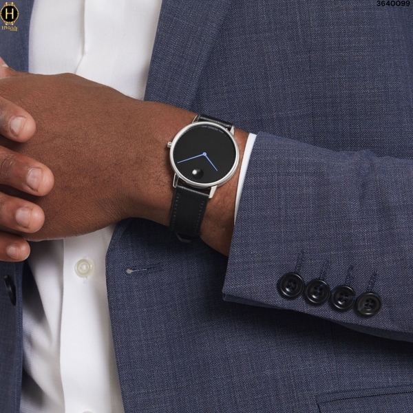 Đồng Hồ Unisex Movado Quartz Face 3640099 Dây Da Đen Mặt Đen Kim Xanh