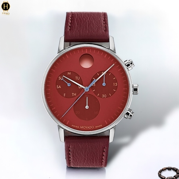 Đồng Hồ Nam Movado Quartz Chronograph 3640102 Face Dây Da Đỏ Mặt Đỏ