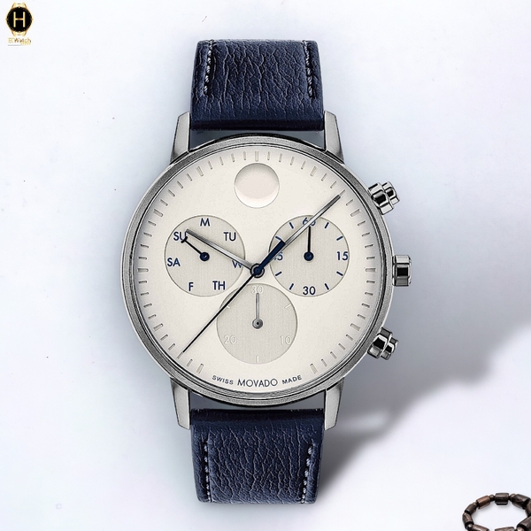 Đồng Hồ Nam Movado Quartz Chronograph 3640103 Face Dây Da Xanh Lam Mặt Trắng