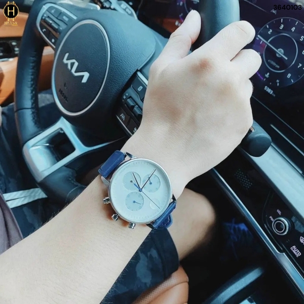 Đồng Hồ Nam Movado Quartz Chronograph 3640103 Face Dây Da Xanh Lam Mặt Trắng