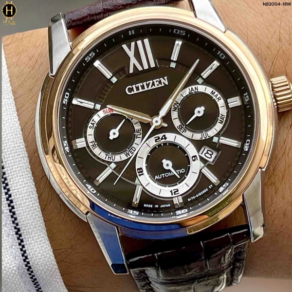 Đồng Hồ Nam Citizen Automatic Collection Mechanical Multi-Hands NB2004-18W  Dây Da Nâu Mặt Nâu