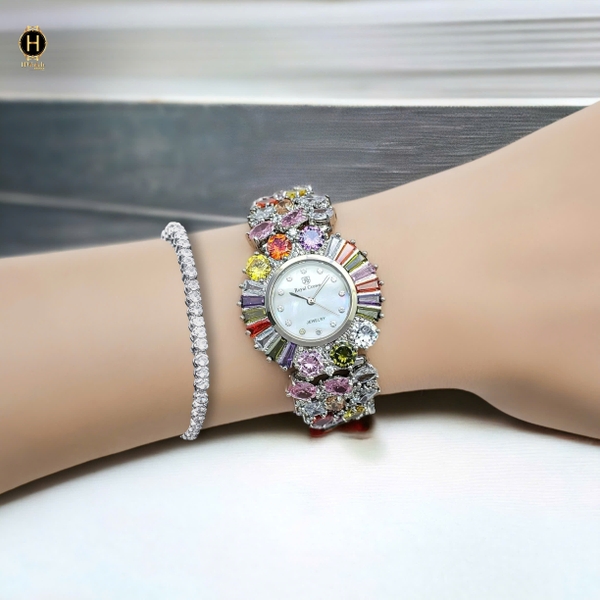 Đồng Hồ Nữ Royal Crown Quartz 8396 Thép Trắng Đá Màu