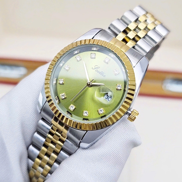 Đồng Hồ Nữ Scottie Quartz 9570 Thép Demi Vàng Mặt Xanh Lá