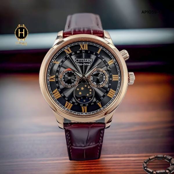 Đồng Hồ Nam Citizen Quartz Eco-Drive  MoonPhase AP1059-19E Dây Da Nâu Mặt Nâu