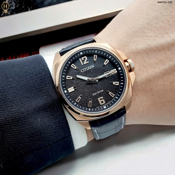Đồng Hồ Nam Citizen Quartz Eco-Drive AW1723-02E Dây Da Vỏ Vàng Hồng Mặt Đen Sapphire