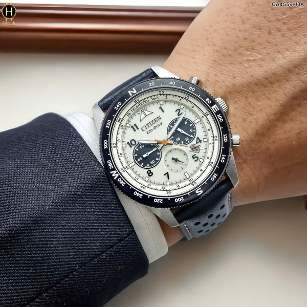 Đồng Hồ Nam Citizen Quartz Eco-Drive CA4559-13A Dây Da Vỏ Trắng Mặt Trắng