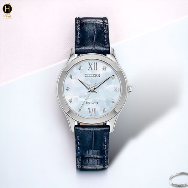 Đồng Hồ Nữ Citizen Quartz Eco-Drive EM1011-07D Dây Da Xanh Mặt Trắng