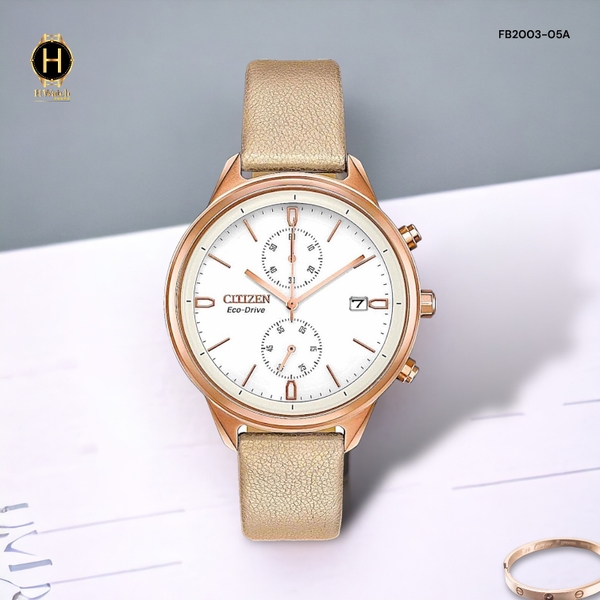 Đồng Hồ Nữ Citizen Quartz Eco-Drive Chronograph FB2003-05A Chandler Dây Da Nude Thép Vàng hồng Mặt Trắng.