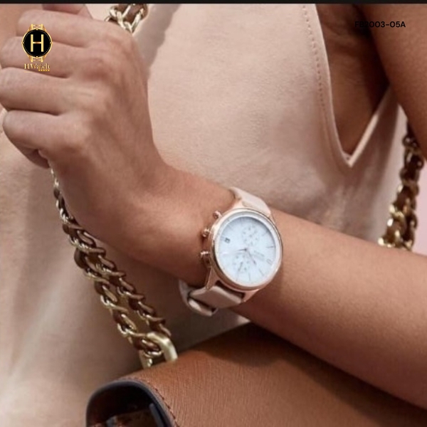 Đồng Hồ Nữ Citizen Quartz Eco-Drive Chronograph FB2003-05A Chandler Dây Da Nude Thép Vàng hồng Mặt Trắng.