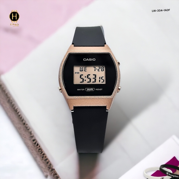 Đồng Hồ Nữ Casio LW-204-1ADF Dây Cao Su Đen Mặt Đen Viền Hồng