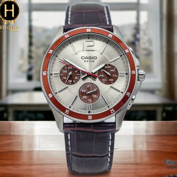 Đồng Hồ Nam Casio Quartz MTP-1374L-7A1VDF Pin Da Nâu Viền Đỏ