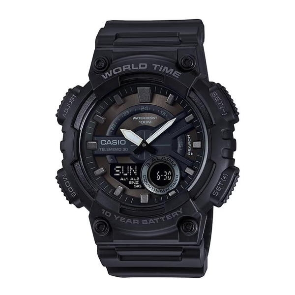 Đồng Hồ Nam Casio Quartz Điện Tử World Time AEQ-110W-1BVDF Dây Nhựa Mặt Đen