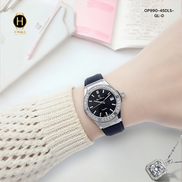 Đồng Hồ Nữ Olym Pianus Quartz OP990-45DLS-GL-D Dây Cao Su Mặt Đen Sapphire