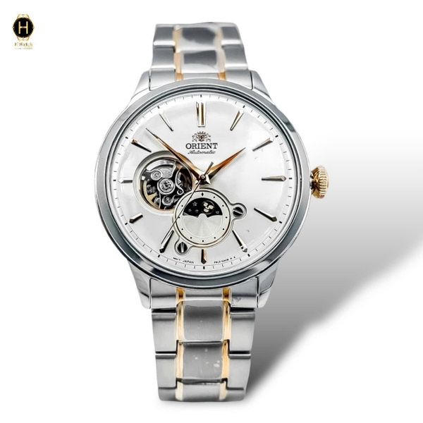 Đồng Hồ Nam Orient Automatic RA-AS0101S10B Open Heart Sun And Moon Gen 6 Dây Thép Demi Vàng Hồng Mặt Trắng