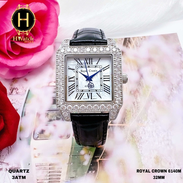 Đồng Hồ Nữ Royal Crown Quartz 6104M Vuông Da Đen
