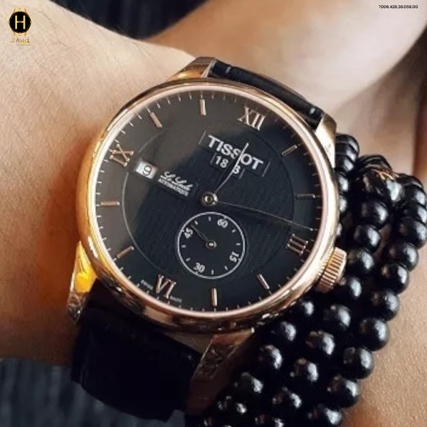 Đồng Hồ Nam Tissot Automatic T006.428.36.058.00 Petite Second Dây Da Đen Thép Vàng Hồng Mặt Đen Sapphire