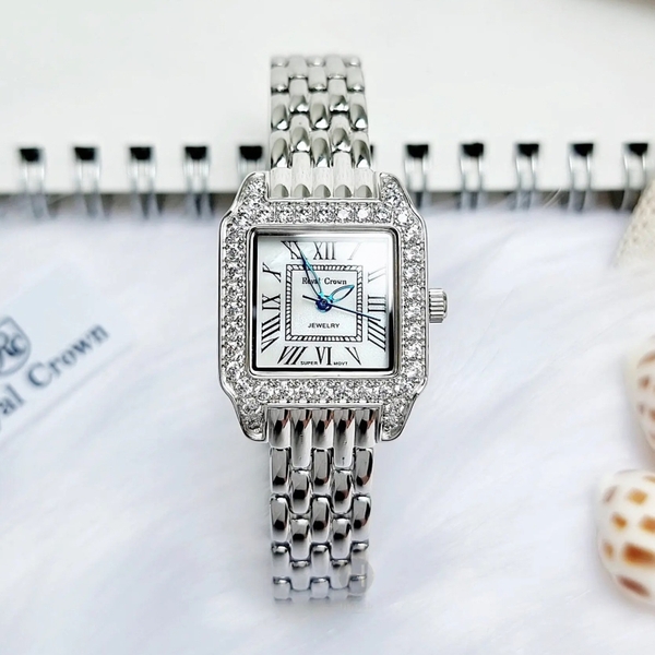 Đồng Hồ Nữ Royal Crown Quartz 6104 Full Trắng Dây Thép Nữ