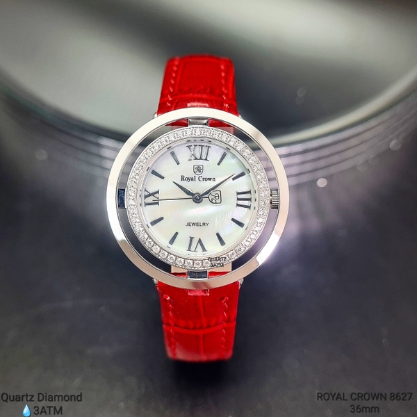 Đồng Hồ Nữ Royal Crown Quartz 8627 Dây Da Đỏ
