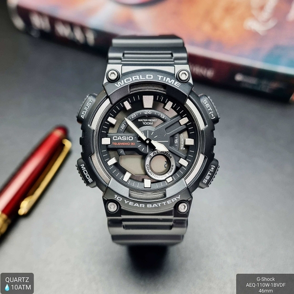 Đồng Hồ Nam Casio Quartz Điện Tử World Time AEQ-110W-1BVDF Dây Nhựa Mặt Đen