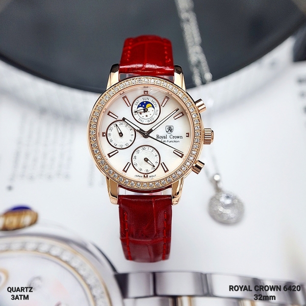 Đồng hồ Royal Crown 6420 Pin Chronograph Dây Da Đỏ Vỏ Mạ Rose