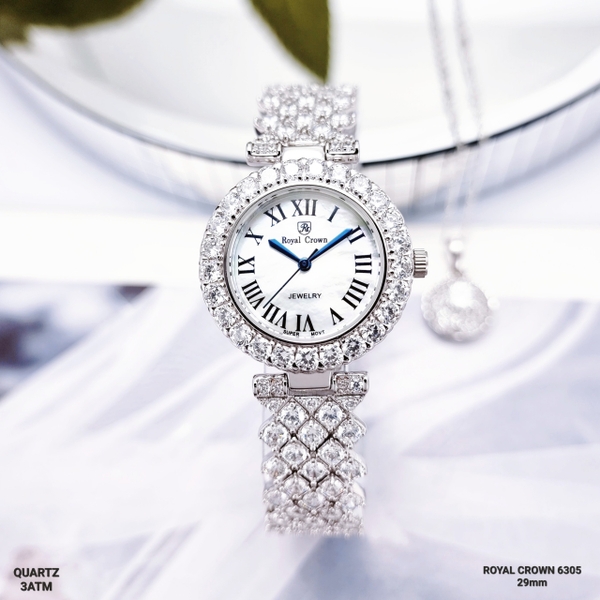 Đồng Hồ Nữ Royal Crown Quartz6305 Thép Trắng Cọc La Mã