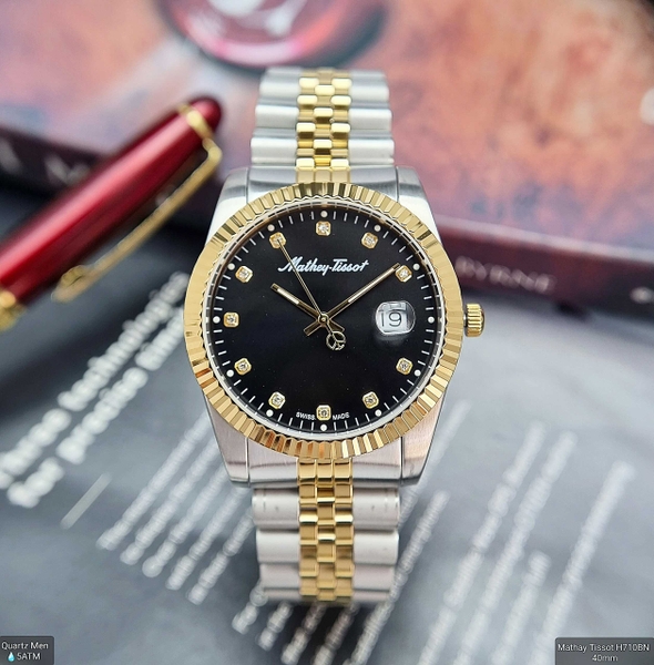 Đồng Hồ Nam Mathey Tissot Quartz H710BN Dây Sắt Demi Vàng Mặt Đen Diamond