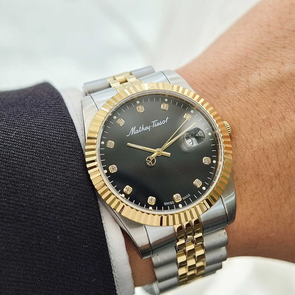 Đồng Hồ Nam Mathey Tissot Quartz H710BN Dây Sắt Demi Vàng Mặt Đen Diamond
