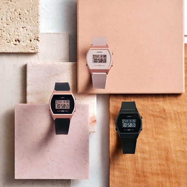 Đồng Hồ Nữ Casio LW-204-1A Dây Nhựa Màu Đen Vỏ Nhựa Vàng Hồng 