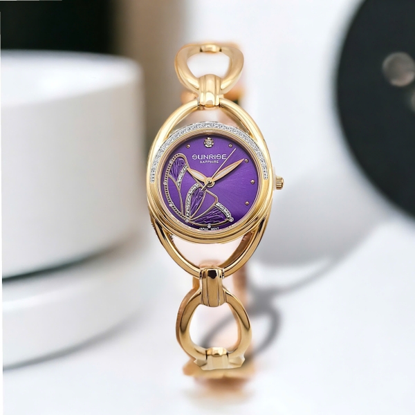 Đồng Hồ Nữ Sunrise Quartz 9014AA Thép Vàng Tím