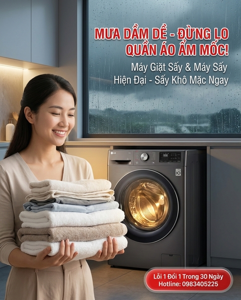 Bắc Giang mưa dầm dề kéo dài: Cách xử lý quần áo ẩm mốc, hôi hám triệt để với máy giặt sấy tại Điện Máy Văn Chiến